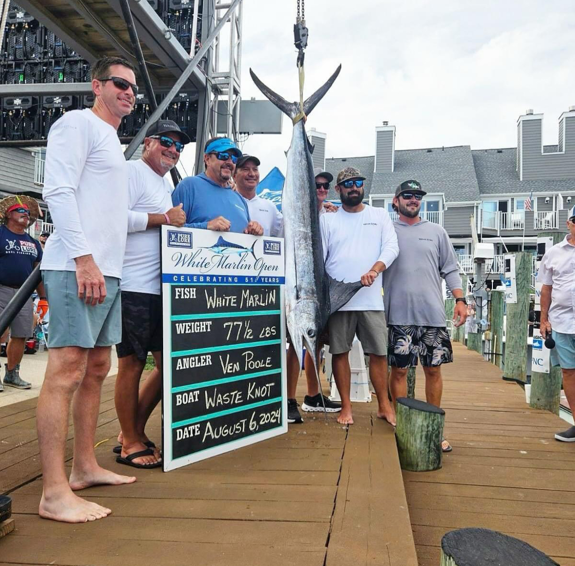 Team Waste Knot poses with their winning 77.5-pound white marlin at the White Marlin Open on August 6, 2024